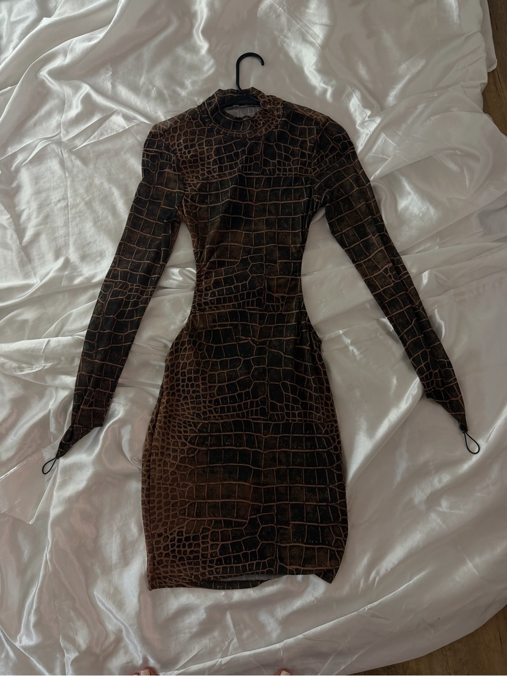 Fashion Nova Brown Croc-Print Long Sleeve Bodycon Dress